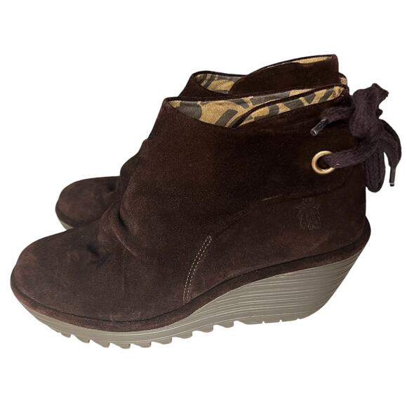 Fly London Yebi Suede Wedge Ankle Booties In Rich Brown Size 10 - Picture 2 of 12